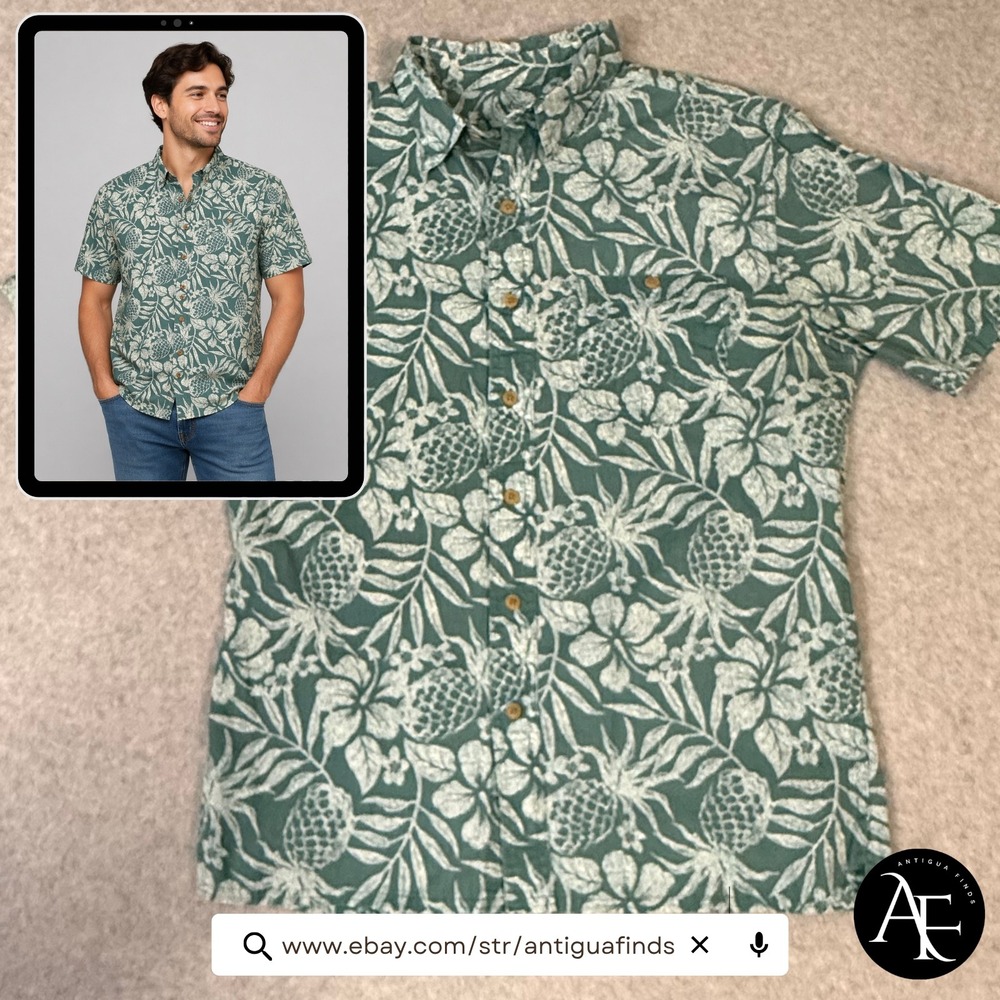 Croft‎ & Barrow Mens Teal Pineapple Floral Tropical Cotton Button Down Shirt M